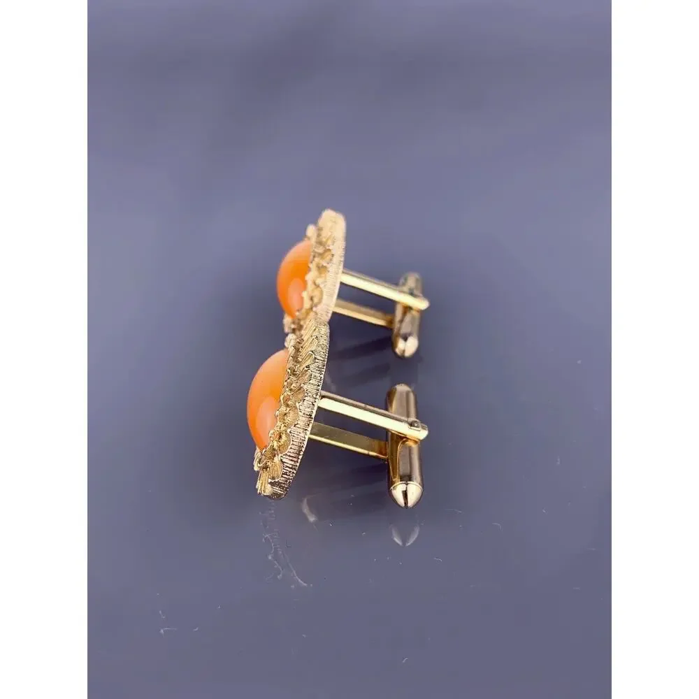 Orange Cabochon Cats Eye Cufflinks Gold Tone Mid Century Modernist Vintage